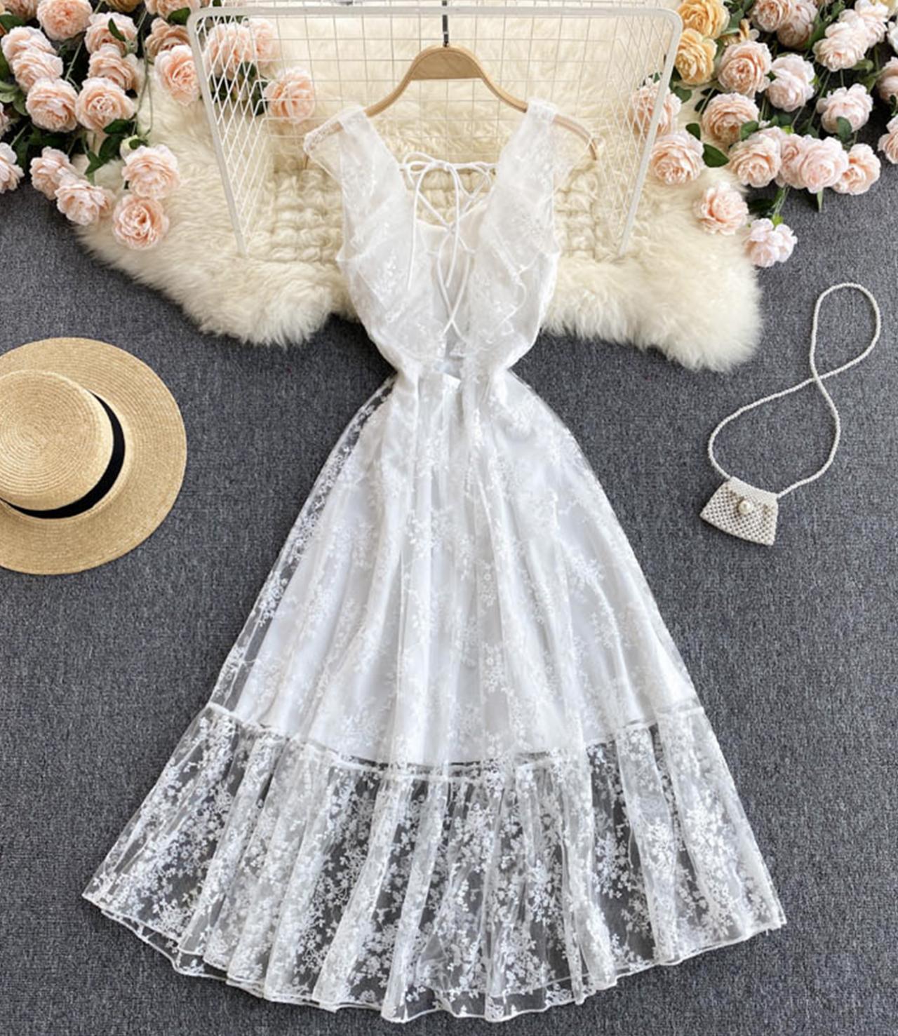 Soft white lace-trimmed slip dress for women, summer A-line short dress C7029 main image 0