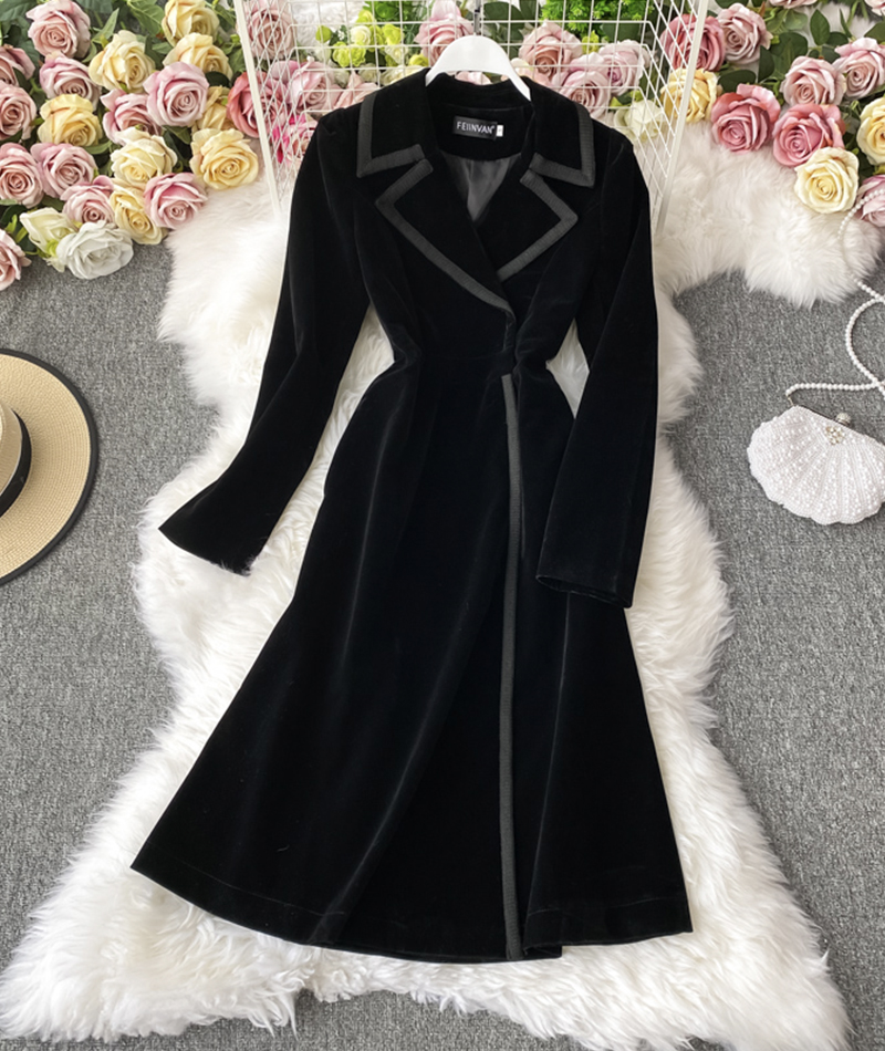 Long Sleeve Contrast Color Suit Collar Puff Velvet Long Coat