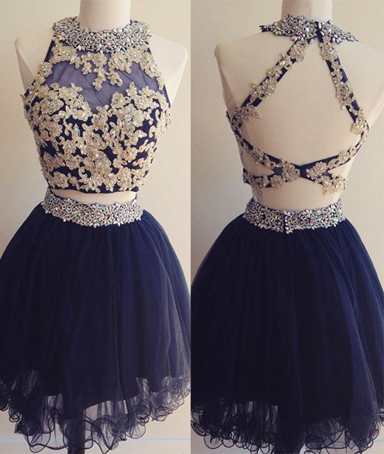 Homecoming Dresses,dark Blue Tulle Lace 2 Pieces Short Prom Dress ...